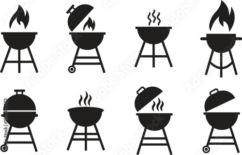 Grill barbecue icons set in flat styles. Outdoor cooking bbq symbols collection, charcoal fire grill silhouette and camping kitchen equipment black vectors pack isolated on transparent background.