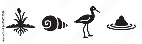 Aquatic ecosystem elements, including a wetland plant, spiral shell, wading bird, and water mound, are depicted as simple black silhouettes.