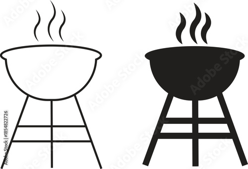 Grill barbecue icons set in flat, outline styles. Outdoor cooking bbq symbols collection, charcoal fire grill silhouette and camping kitchen equipment black vectors isolated on transparent background.