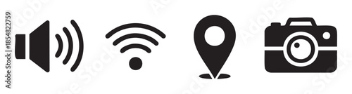 Speaker Wi-Fi location pin camera icons represent common digital functions and services used in modern technology and mobile applications.