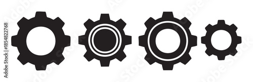 Four black gear icons of different sizes and designs are arranged in a row, representing concepts of settings, mechanics, and progress.