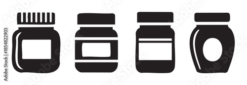Four different jars and bottles with blank labels for packaging food, medicine, or cosmetic products, presented as simple black silhouette icons.