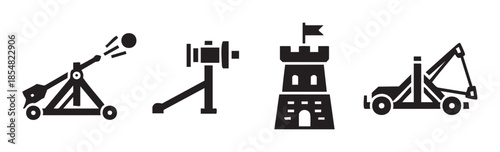 Medieval siege weapons and castle tower icons are displayed in a simple black and white graphic illustration, representing ancient warfare and historical defense structures.