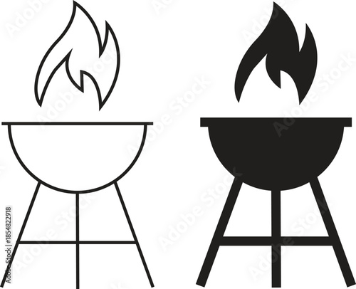 Grill barbecue icons set in flat, outline styles. Outdoor cooking bbq symbols collection, charcoal fire grill silhouette and camping kitchen equipment black vectors isolated on transparent background.