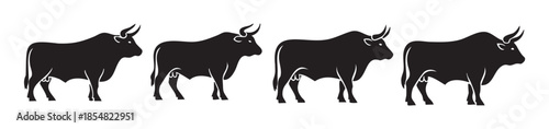 Four black bull silhouettes standing in a row, depicted as strong and powerful farm animals with prominent horns and muscular bodies.