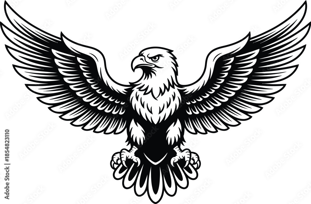 Fototapeta premium A striking black and white illustration of an eagle with wings spread wide