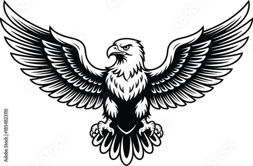 A striking black and white illustration of an eagle with wings spread wide