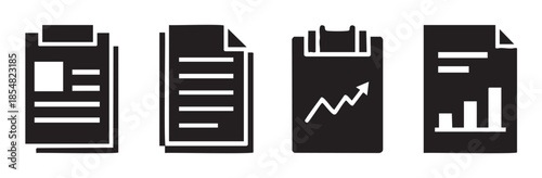 Business documents and reports icons for data analysis and financial statistics, representing various aspects of corporate information management and growth.