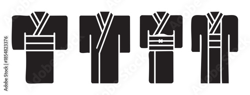 Japanese traditional kimono garments are depicted as black silhouette icons, showcasing various styles and cultural fashion elements for design projects.
