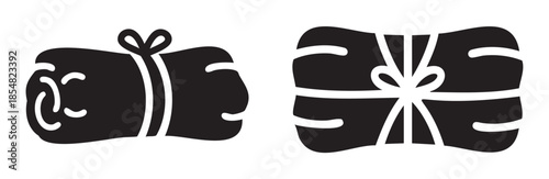 Two wrapped items tied with decorative bows, presented as simple black and white vector illustrations, symbolizing comfort, gifts, or organized textiles.