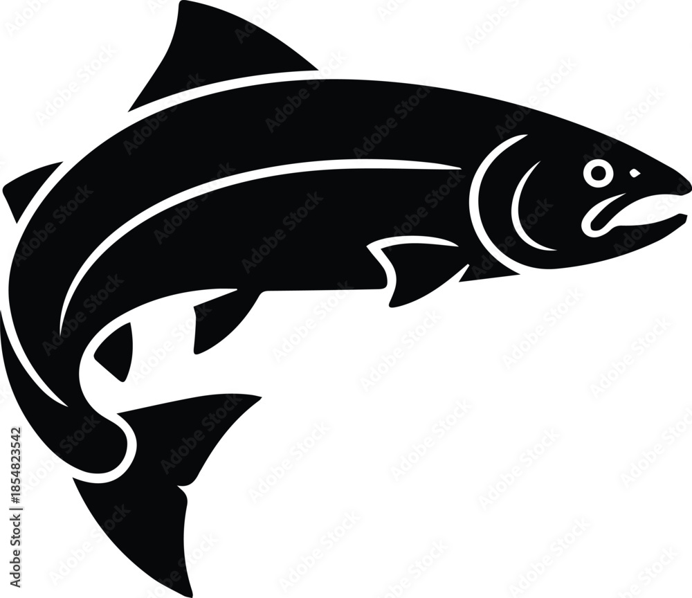 Obraz premium Minimalist black salmon fish leaping side view silhouette vector icon