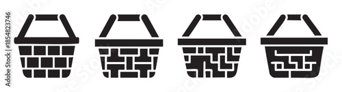 Four black silhouette shopping basket icons with various grid patterns are perfect for illustrating retail, commerce, and consumerism concepts.