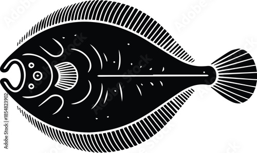 Minimalist black plaice flatfish with dotted texture silhouette vector icon