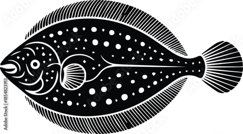 Minimalist black plaice flatfish with dotted texture silhouette vector icon
