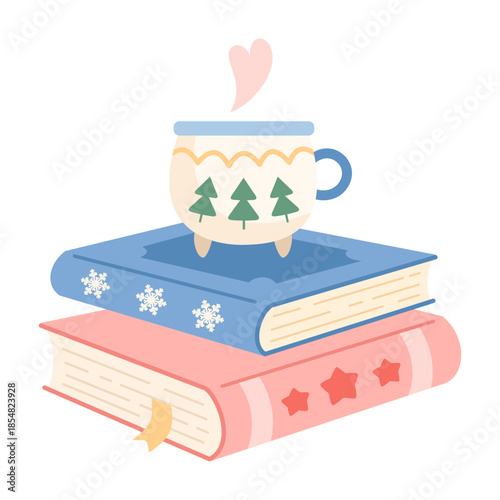 Winter books and holiday mug illustration, Christmas bookish aesthetic, Book lover gift, Cozy reading, Bookstore Holiday Graphic.