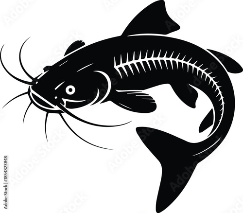Minimalist black catfish swimming with whiskers silhouette vector icon