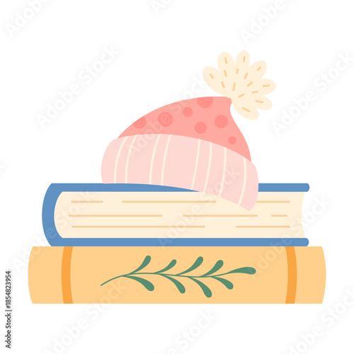 Winter books and warm hat illustration, Christmas bookish aesthetic, Book lover gift, Cozy reading sticker, Bookstore Holiday Graphic.