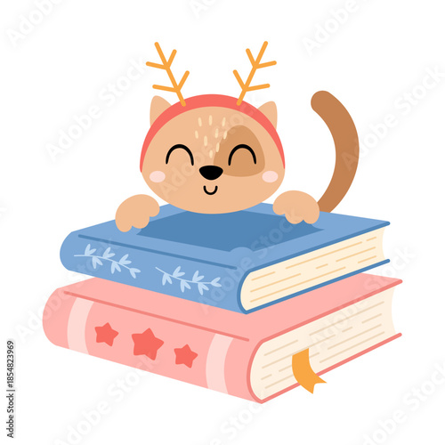 Cute winter cat and books illustration, Cozy Christmas bookish clipart, Book lover gift, Cartoon character, Pastel bookstore graphic.