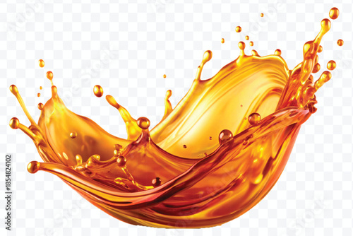 realistic fresh liquid honey or oil splash with drops  in curve style isolated on transparent background