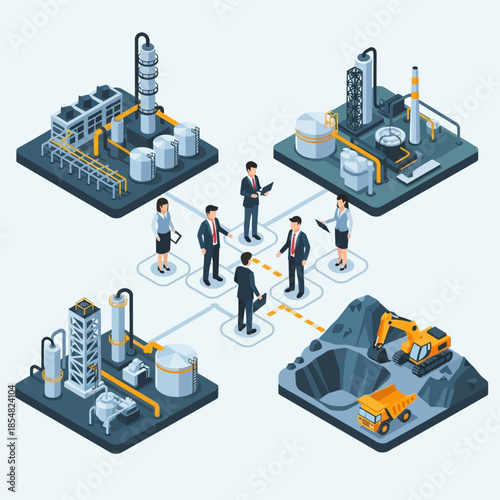 Isometric illustration of a supply chain connecting various industrial facilities and a mining operation, managed by business professionals.