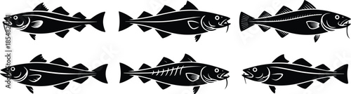Set of Minimalist black cod fish swimming silhouette vector icon