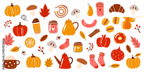 Autumn collection of pumpkins leaves and cozy fall themed items