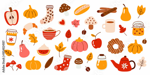 A delightful autumn collection featuring pumpkins fruits leaves and warm beverages
