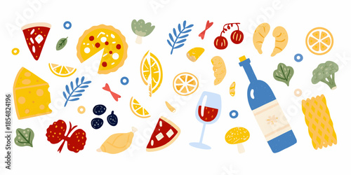 A colorful illustration featuring various foods like pizza fruits and pasta