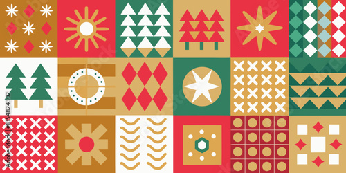 Festive geometric patterns create a colorful and cheerful christmas themed design