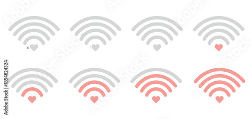 Vector icon set of Wi-Fi signal strength with heart symbol