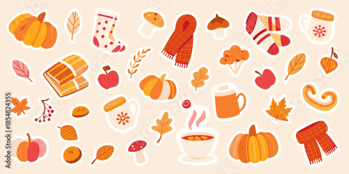 Autumn themed stickers featuring pumpkins leaves scarves and cozy fall elements