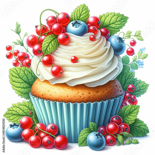 a cupcake in a light blue corrugated form, covered with white cream and decorated with fresh red currants, blueberries and mint sprigs.