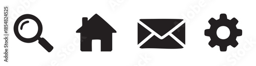 Magnifying glass, house, envelope, and gear icons representing essential functions for modern digital interfaces and user experience.