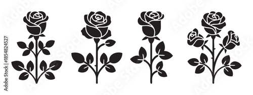 Black silhouette rose flower illustrations with stems and leaves showcasing various elegant floral designs perfect for decorative elements and romantic themes.
