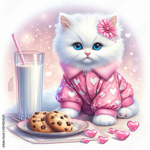 a cute white kitten with blue eyes in a pink dress and a bow, next to a glass of milk with a straw and a plate of cookies. It's all on a pink napkin