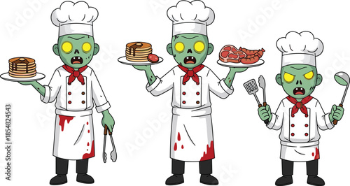 Zombie chef vector illustration, funny undead cooking characters, cartoon kitchen horror art, spooky culinary design, humorous food preparation scene, Halloween restaurant concept