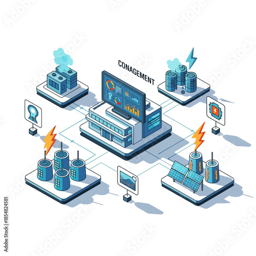 Isometric illustration of an industrial smart energy grid management system connecting diverse power generation and storage facilities.