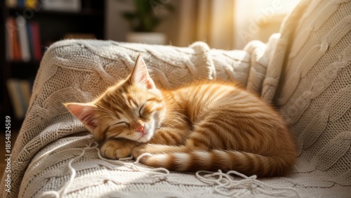 Wallpaper Mural Cozy kitten napping peacefully on a knitted blanket bathed in warm sunlight indoor Torontodigital.ca