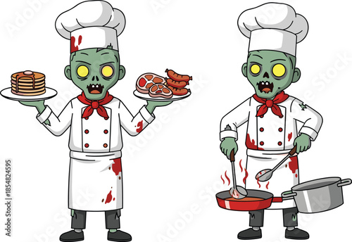 Zombie chef vector illustration, spooky cooking scene, cartoon undead kitchen characters, horror culinary art, funny monster chefs, Halloween food design, eerie restaurant concept