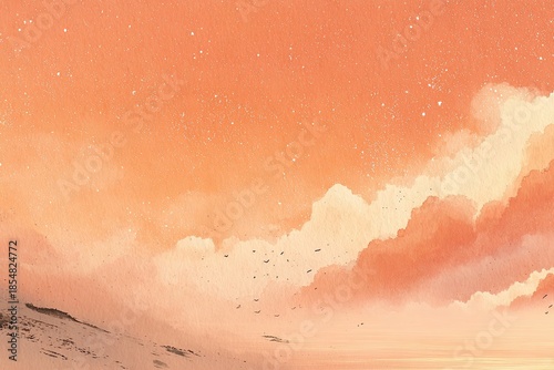 Warm sunset inspired sky with soft clouds and distant birds, evoking a sense of peace and beauty