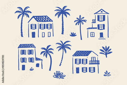 Mediterranean houses and palm trees doodle vector illustration