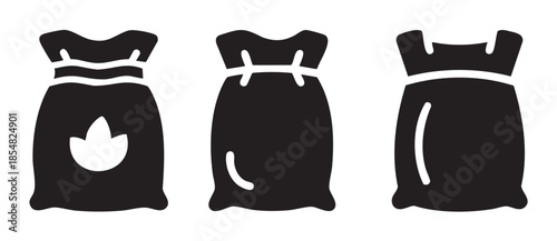 Three black silhouette icons representing various sacks of goods, showcasing different designs for agricultural products, flour, or other bulk items.