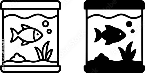 Aquarium illustration icon, black and white, outline and silhouette versions