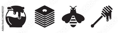 Honey bee honeycomb dipper jar icons set representing natural sweetness and beekeeping products in a simple black and white graphic style.
