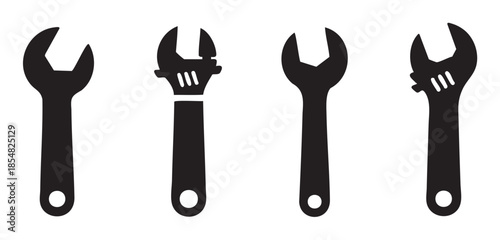 Four different wrench tools vector silhouettes representing various mechanical instruments essential for repair and maintenance tasks.