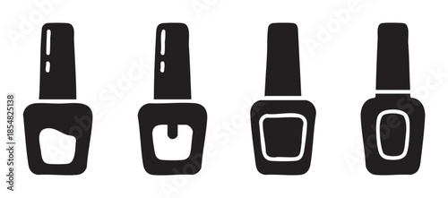 Four black nail polish bottles with different shapes representing beauty, cosmetics, and personal care products for manicure and pedicure services.
