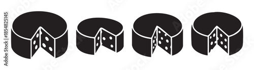 Four black cheese wheels with a slice removed, revealing the characteristic holes inside, depicted in a minimalist graphic icon style suitable for various design projects.