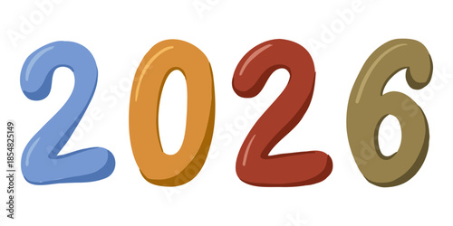 Hand drawn colorful number 2026 with rounded shapes isolated on white background in vector style. The image represents new year celebration, future planning, and calendar concept