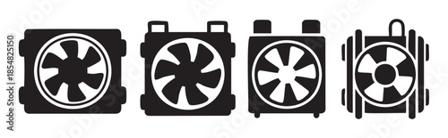 Computer cooling fans radiator system components are depicted in a set of four black and white vector icons, showcasing diverse designs for heat dissipation technology.