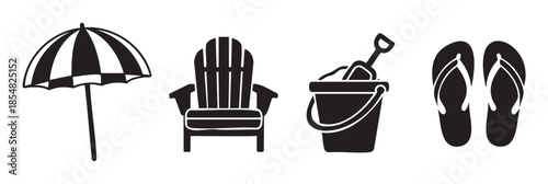 Beach umbrella, Adirondack chair, sand bucket, and flip-flops are essential items for a relaxing and fun summer vacation at the seaside.